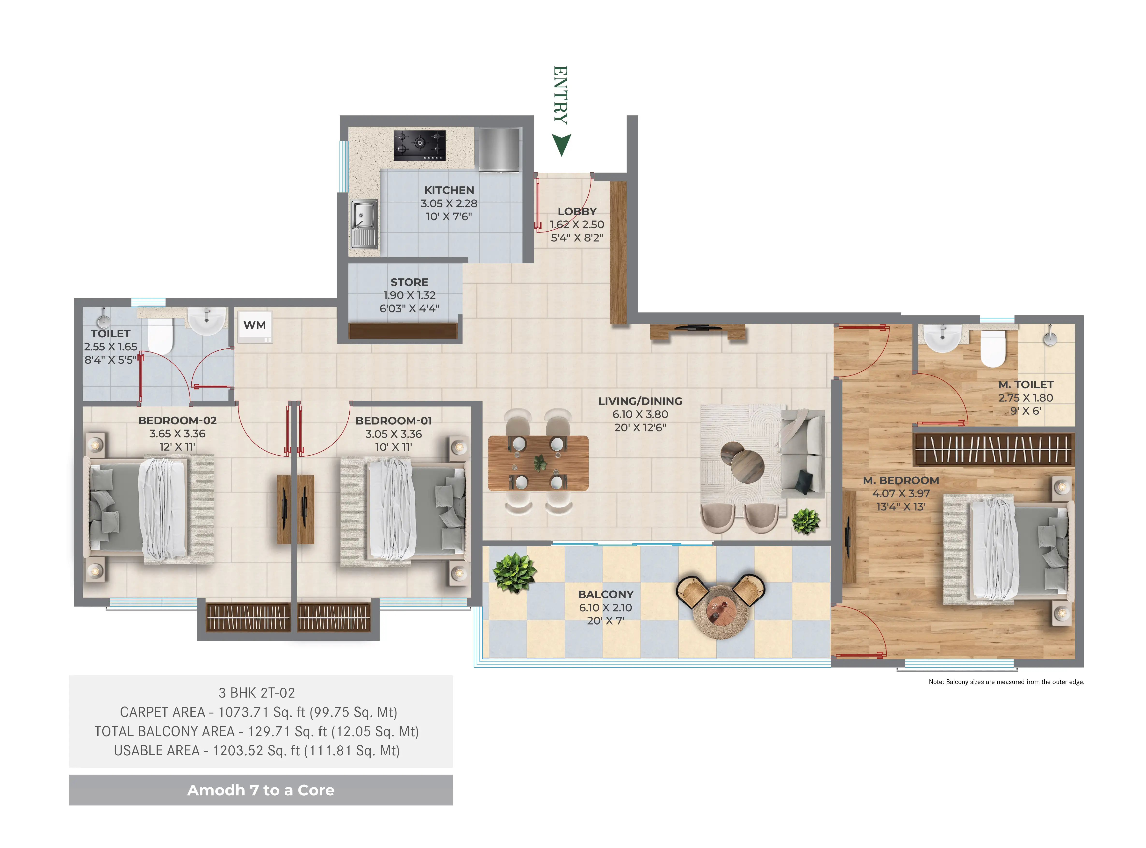 3 BHK + 3 T