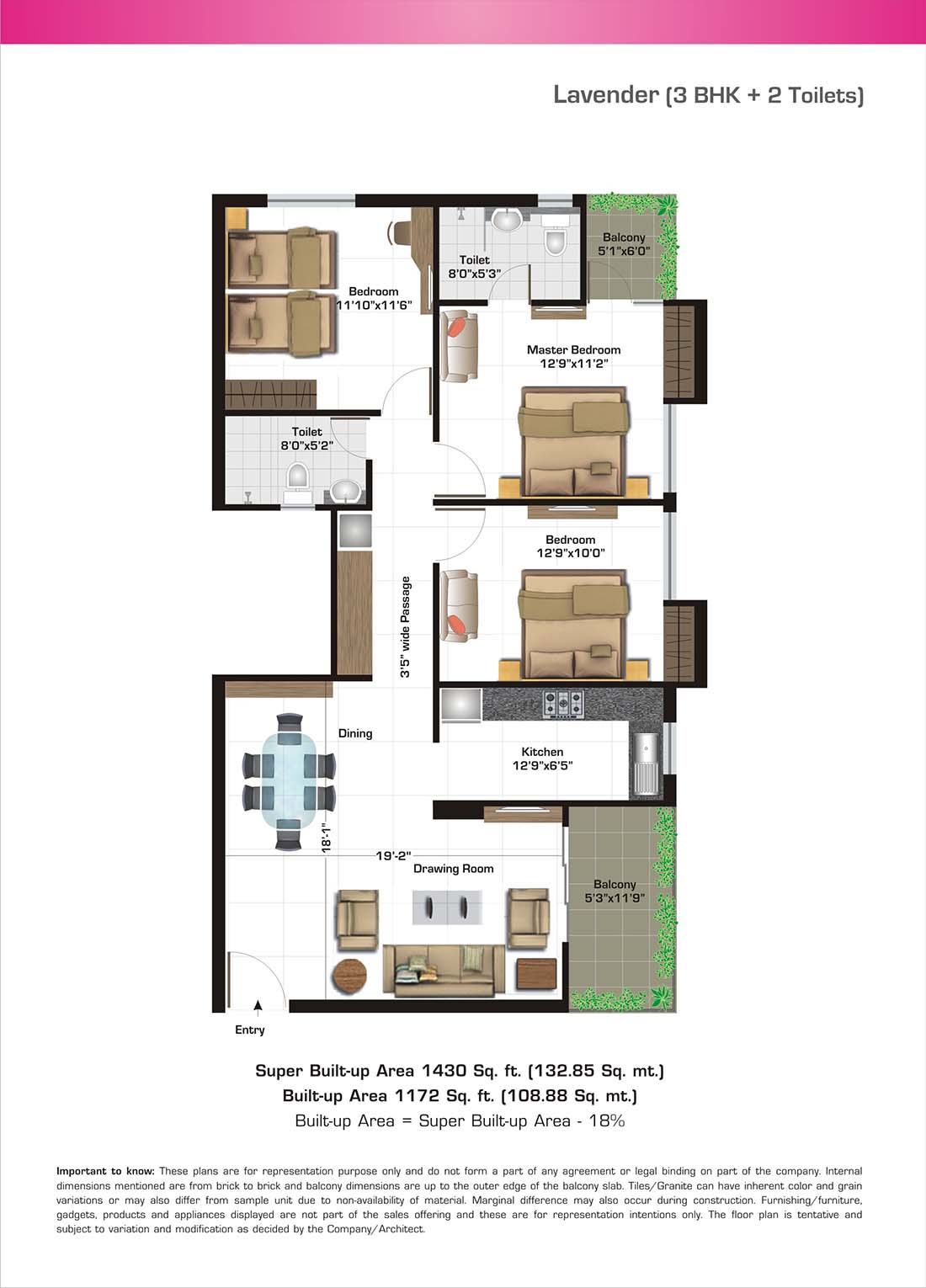 Lavender 3BHK + 2 Toilets